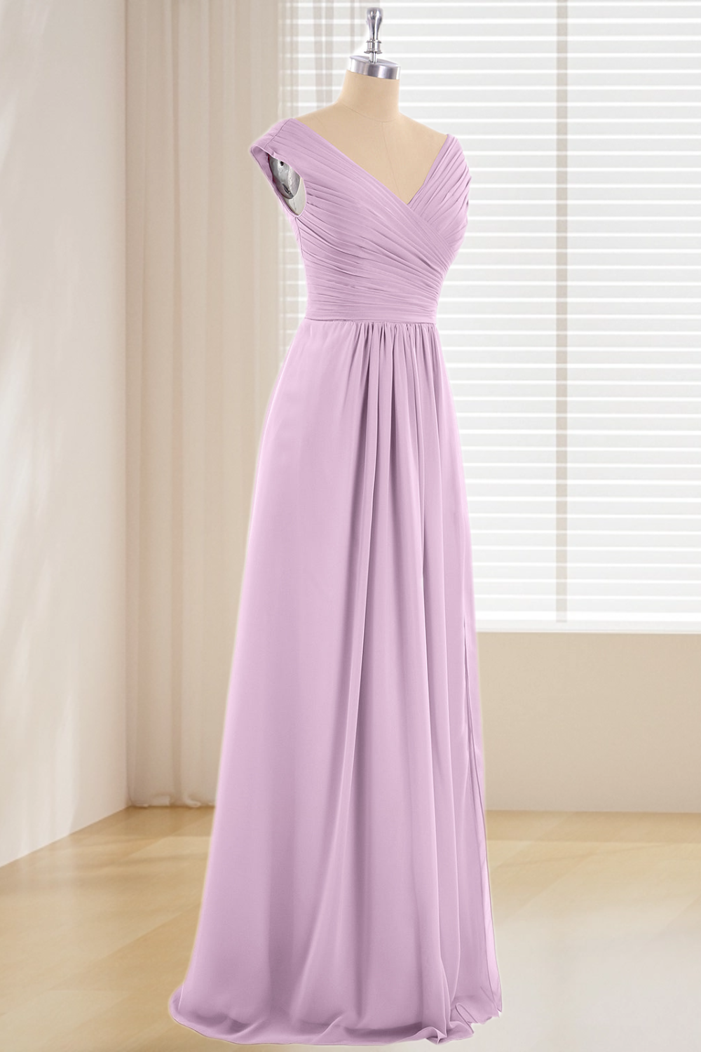 Dressime Plus Size V Neck Chiffon Long Bridesmaid Dress With Cap Sleeves dressime