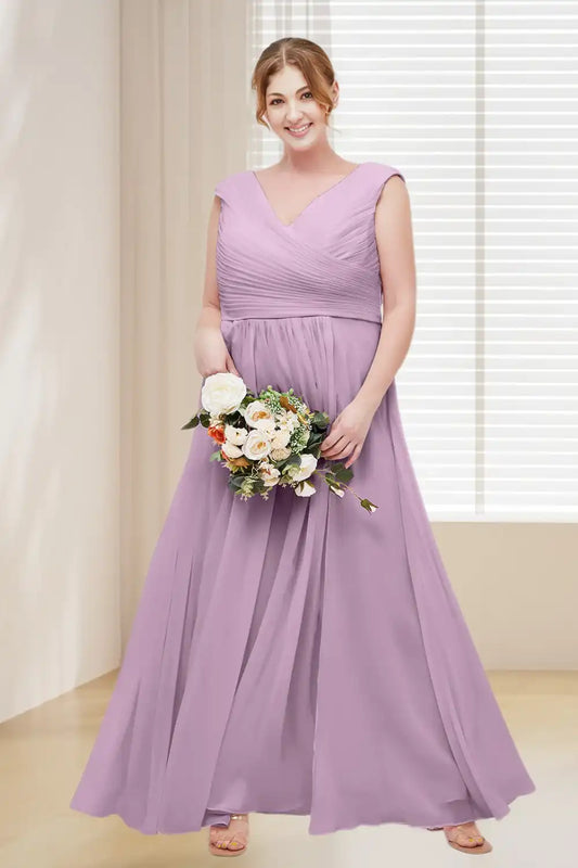 Dressime Plus Size V Neck Chiffon Long Bridesmaid Dress With Cap Sleeves dressime