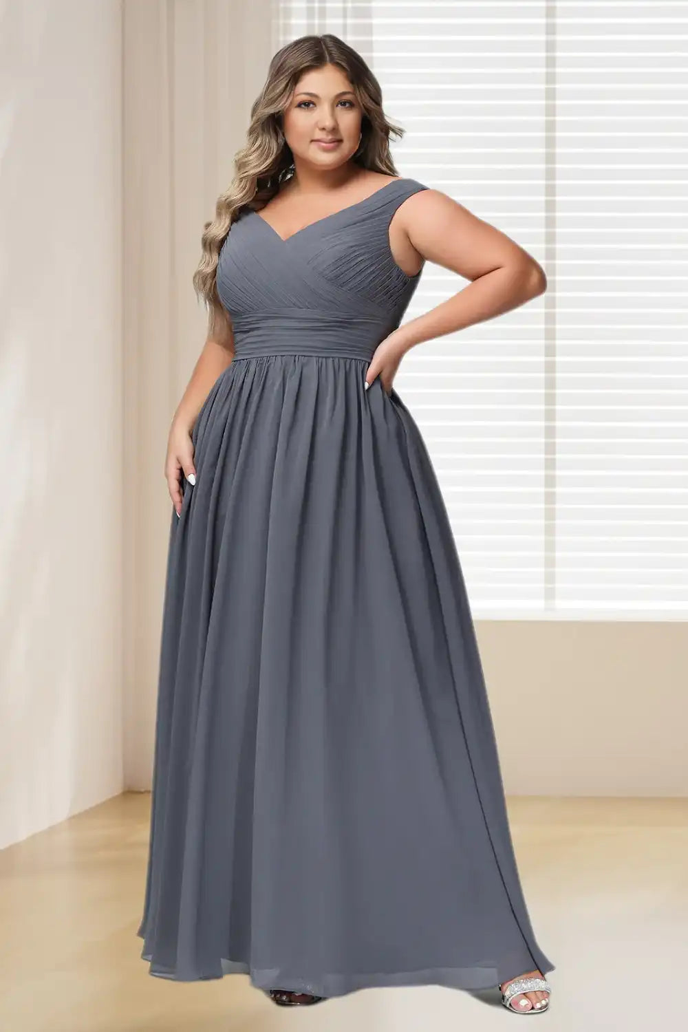 Dressime Plus Size V Neck Chiffon Long Bridesmaid Dress With Pockets dressime