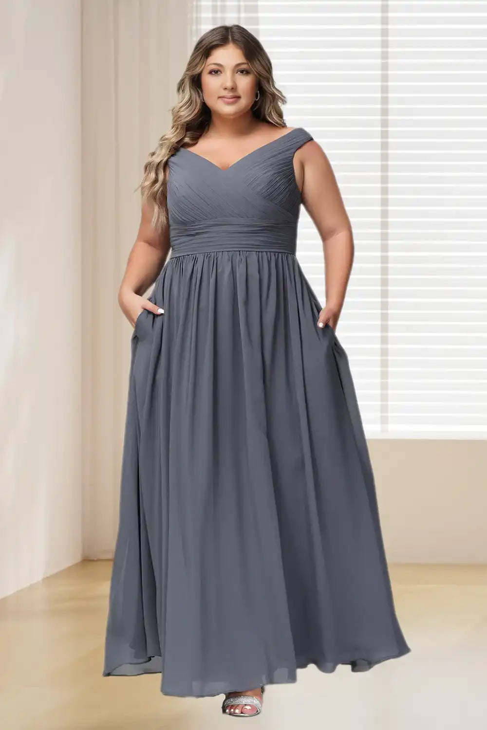 Dressime Plus Size V Neck Chiffon Long Bridesmaid Dress With Pockets dressime