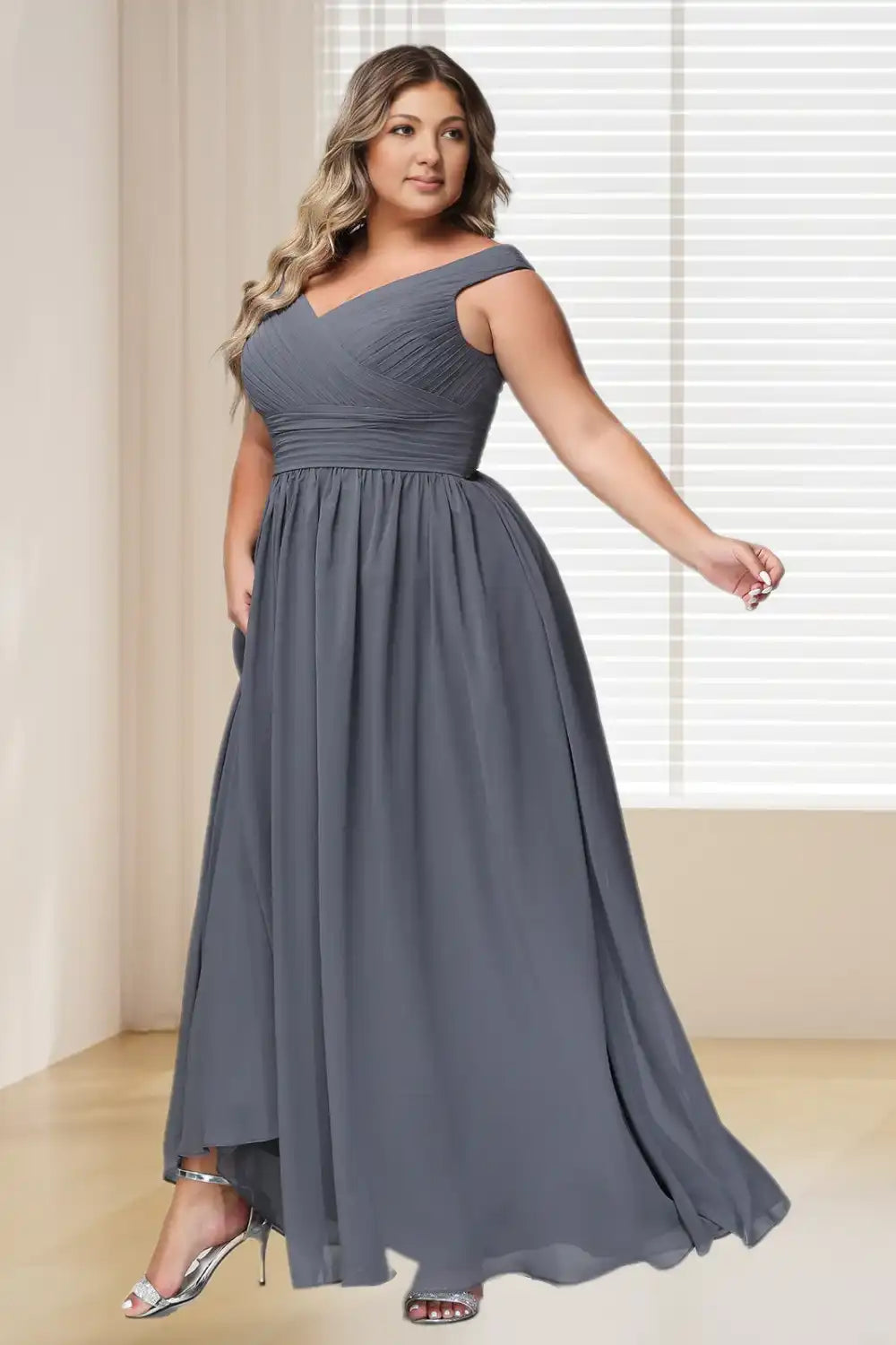 Dressime Plus Size V Neck Chiffon Long Bridesmaid Dress With Pockets dressime