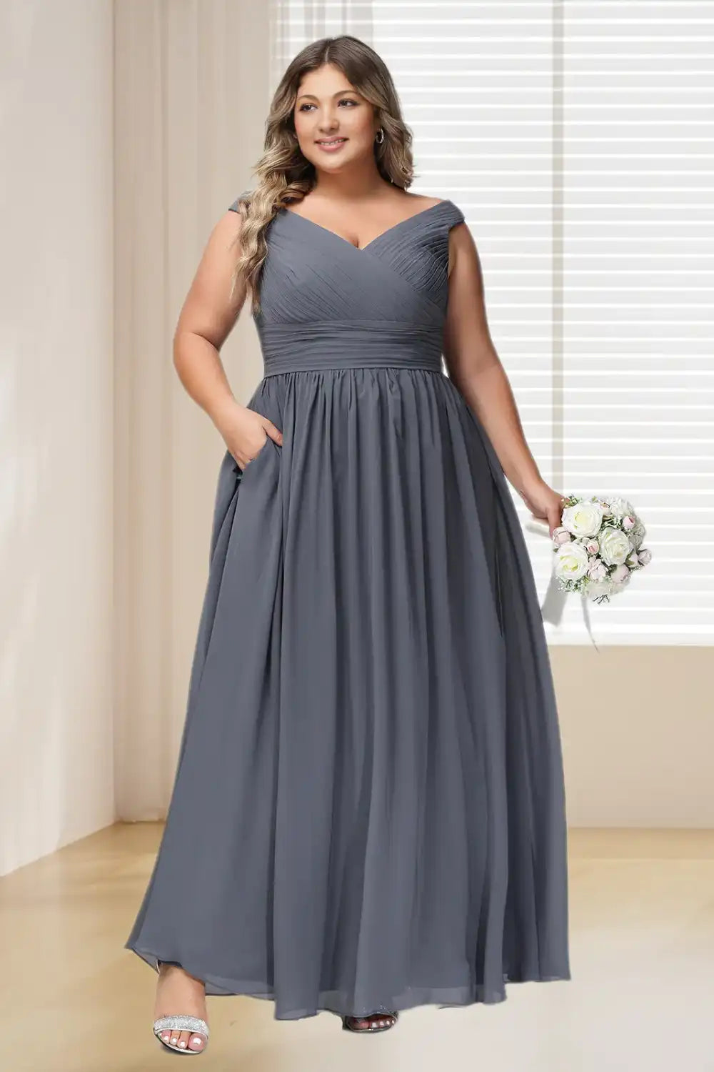 Dressime Plus Size V Neck Chiffon Long Bridesmaid Dress With Pockets dressime