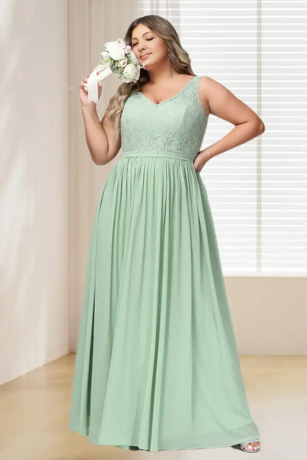 Dressime Plus Size V Neck Lace & Chiffon Long Bridesmaid Dress dressime