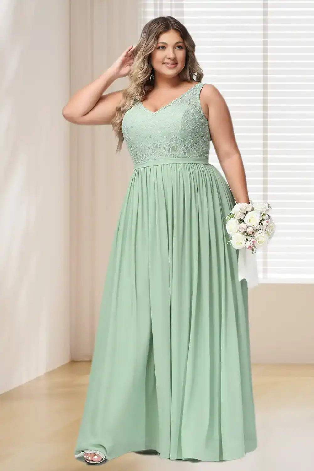 Dressime Plus Size V Neck Lace & Chiffon Long Bridesmaid Dress dressime