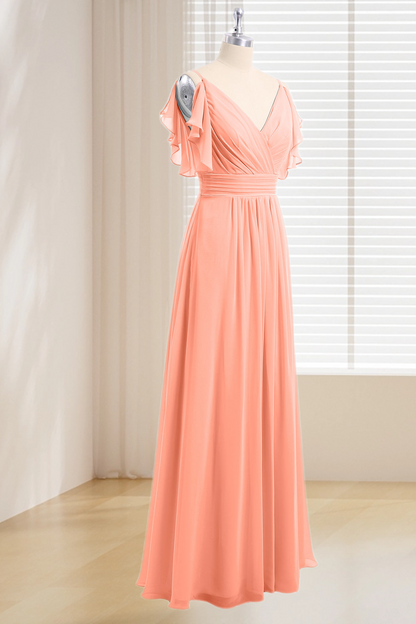 Dressime Plus Size V Neck Ruffles Chiffon Long Bridesmaid Dress dressime