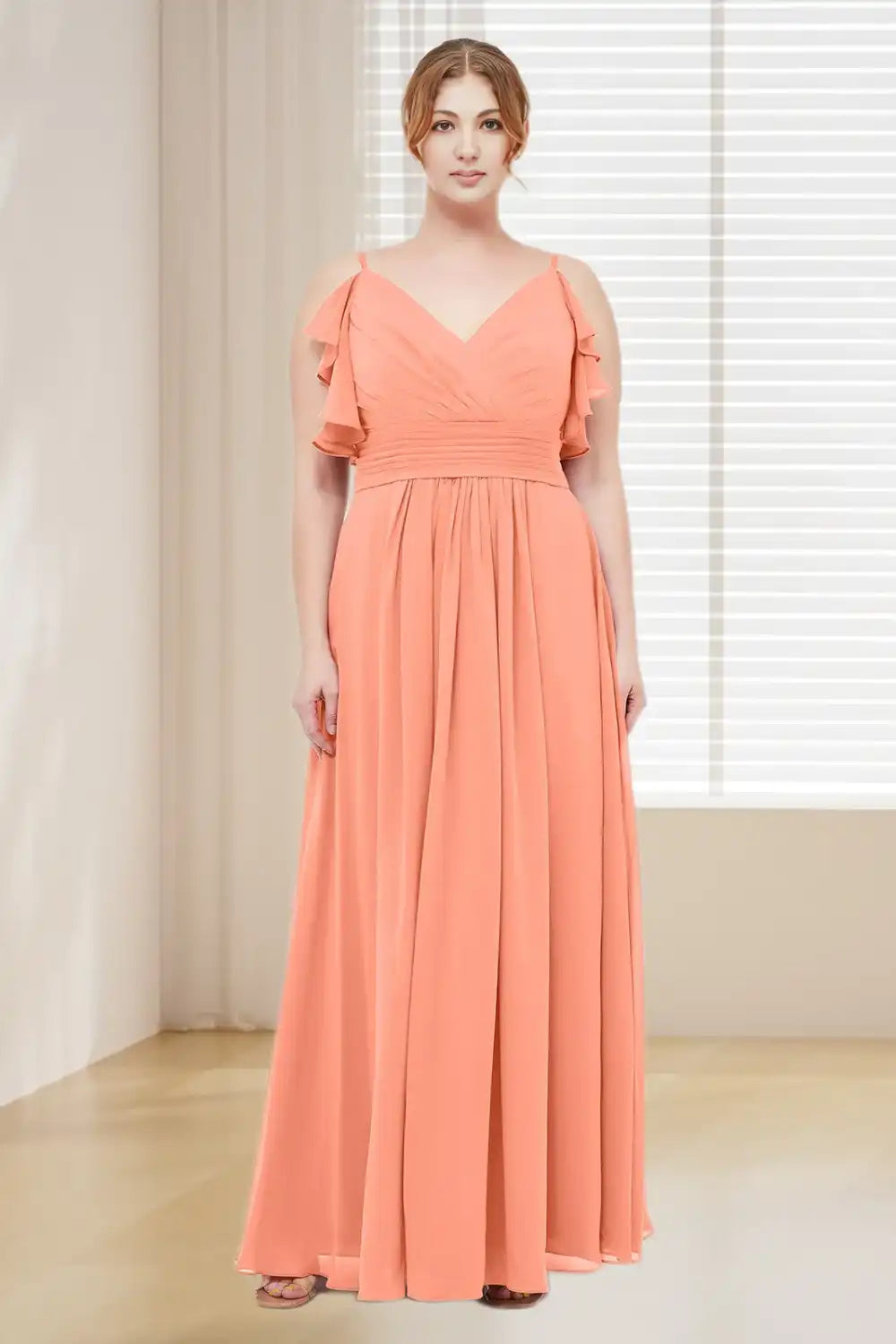 Dressime Plus Size V Neck Ruffles Chiffon Long Bridesmaid Dress dressime