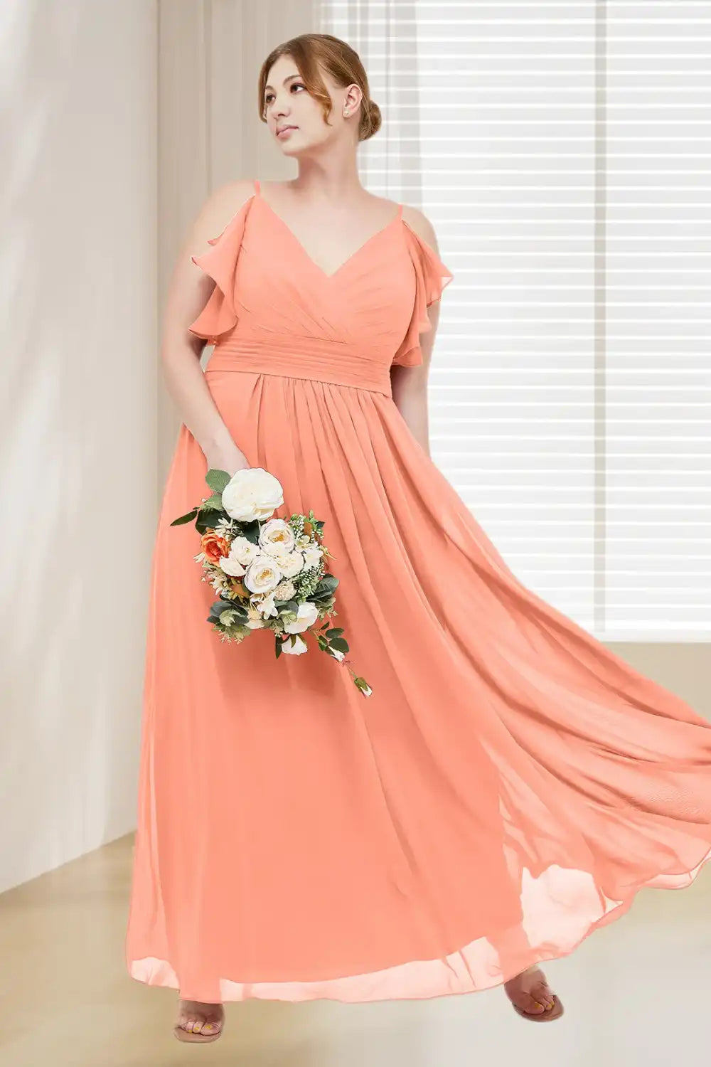 Dressime Plus Size V Neck Ruffles Chiffon Long Bridesmaid Dress dressime