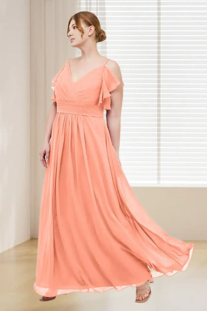 Dressime Plus Size V Neck Ruffles Chiffon Long Bridesmaid Dress dressime