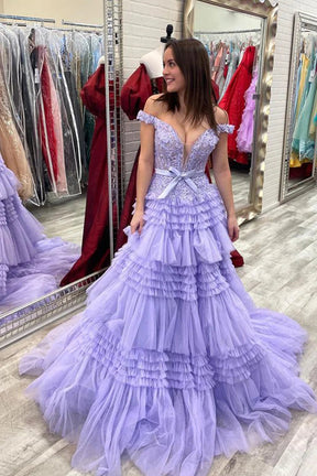 dressimePrincess A Line Off the Shoulder Long Prom Dresses with Ruffles 