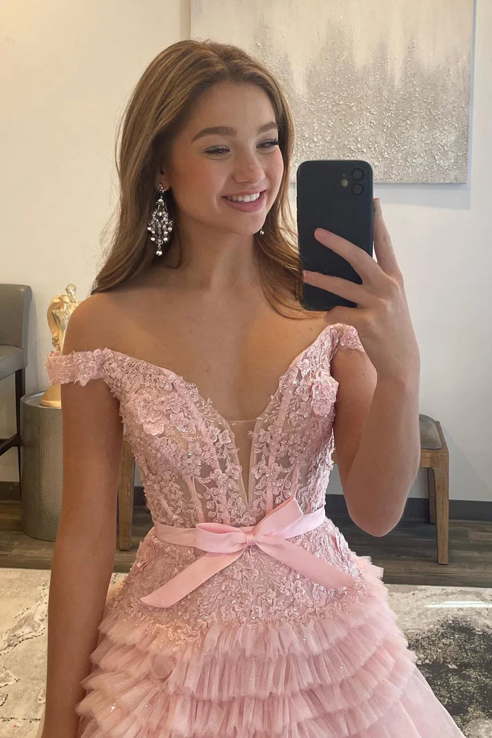 dressimePrincess A Line Off the Shoulder Long Prom Dresses with Ruffles 