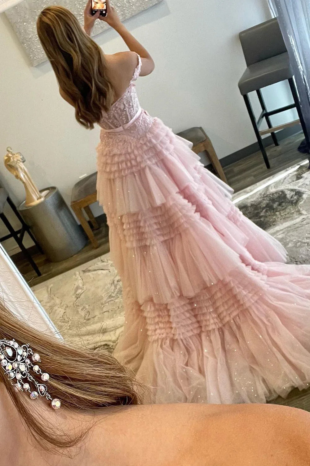 dressimePrincess A Line Off the Shoulder Long Prom Dresses with Ruffles 