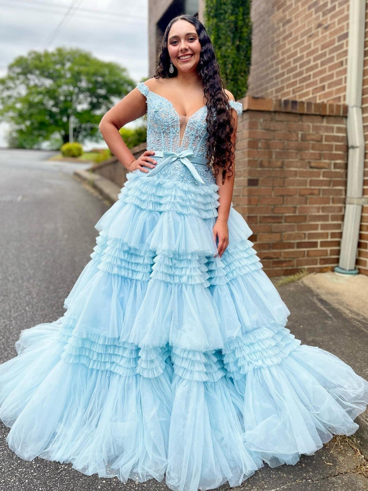 dressimePrincess A Line Off the Shoulder Long Prom Dresses with Ruffles 