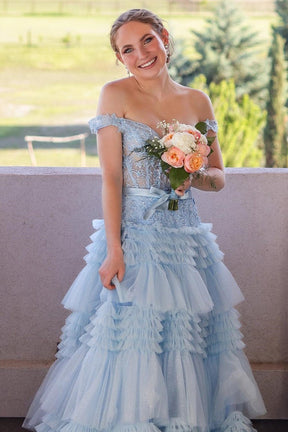 dressimePrincess A Line Off the Shoulder Long Prom Dresses with Ruffles 