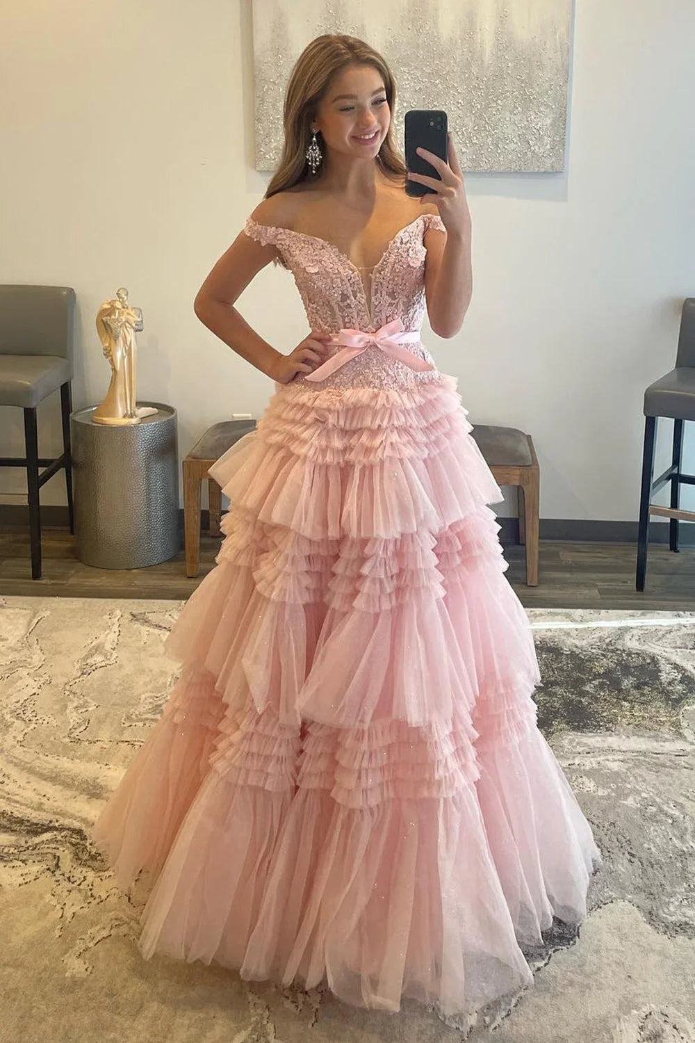 dressimePrincess A Line Off the Shoulder Long Prom Dresses with Ruffles 