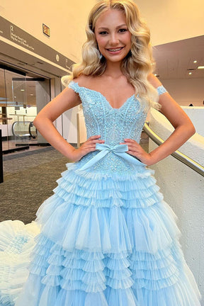 dressimePrincess A Line Off the Shoulder Long Prom Dresses with Ruffles 