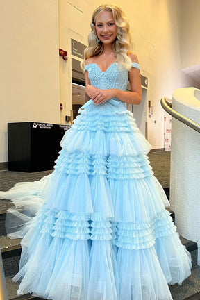 dressimePrincess A Line Off the Shoulder Long Prom Dresses with Ruffles 