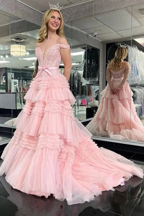 dressimePrincess A Line Off the Shoulder Long Prom Dresses with Ruffles 