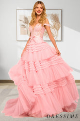 Dressime Princess A Line Off the Shoulder Tiered Long Prom Dresses with Ruffles dressime