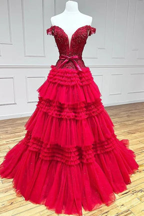 dressimePrincess A Line Off the Shoulder Long Prom Dresses with Ruffles 