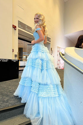 dressimePrincess A Line Off the Shoulder Long Prom Dresses with Ruffles 