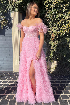 Dressime Princess A Line Off the Shoulder Tiered Sli tLong Prom Dresses with Feather dressime