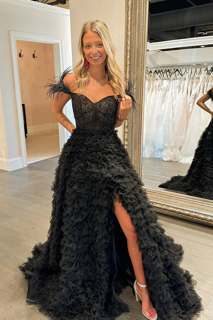 Dressime Princess A Line Off the Shoulder Tiered Sli tLong Prom Dresses with Feather dressime