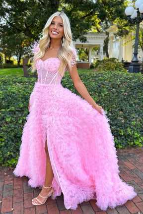 Dressime Princess A Line Off the Shoulder Tiered Sli tLong Prom Dresses with Feather dressime