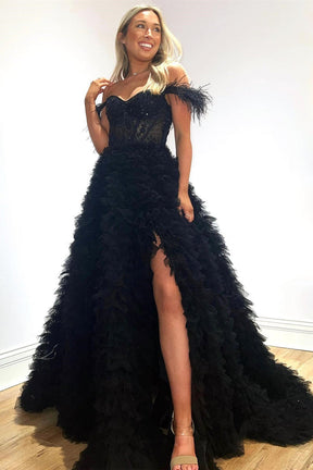 Dressime Princess A Line Off the Shoulder Tiered Sli tLong Prom Dresses with Feather dressime