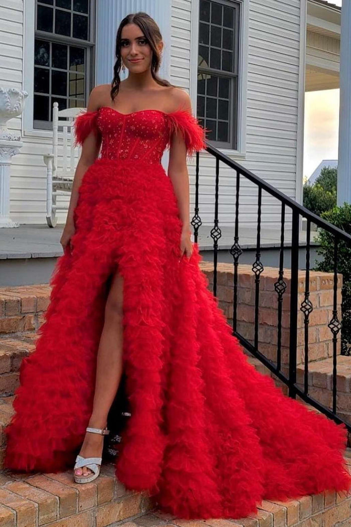 Dressime Princess A Line Off the Shoulder Tiered Sli tLong Prom Dresses with Feather dressime