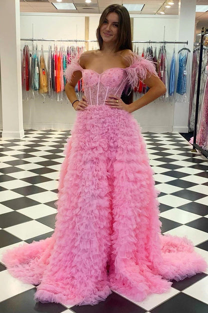 Dressime Princess A Line Off the Shoulder Tiered Sli tLong Prom Dresses with Feather dressime