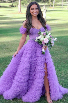 Dressime Princess A Line Off the Shoulder Tiered Sli tLong Prom Dresses with Feather dressime