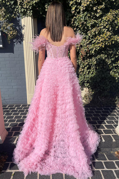 Dressime Princess A Line Off the Shoulder Tiered Sli tLong Prom Dresses with Feather dressime