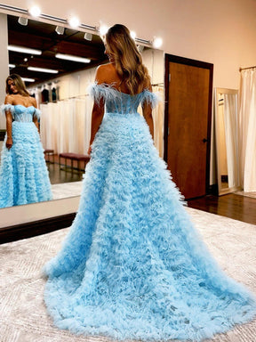 Dressime Princess A Line Off the Shoulder Tiered Sli tLong Prom Dresses with Feather dressime