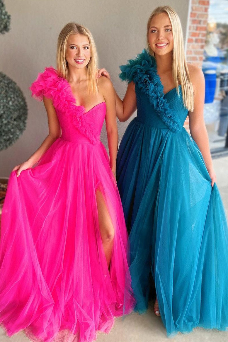 dressimePrincess A-Line Ruffled One Shoulder Tulle Prom Dresses 