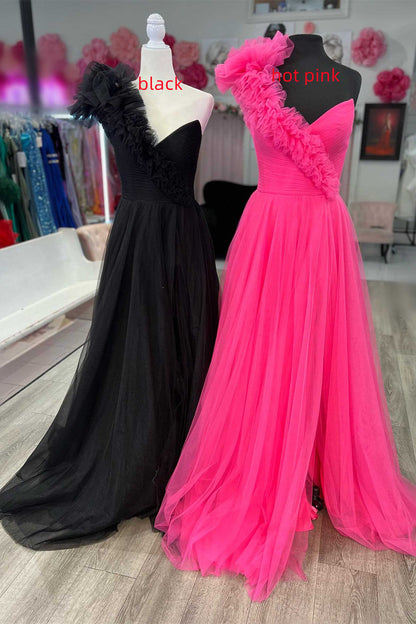 dressimePrincess A-Line Ruffled One Shoulder Tulle Prom Dresses 