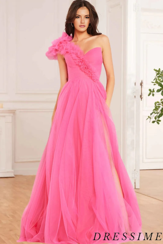 Dressime Princess A-Line Ruffled One Shoulder Tulle Prom Dresses dressime