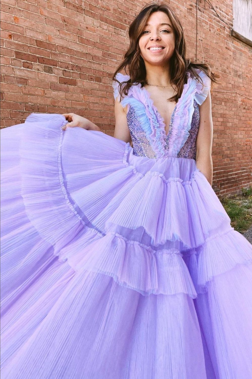 Dressime Princess A Line V neck Tiered Long Prom Dresses Ruffles dressime