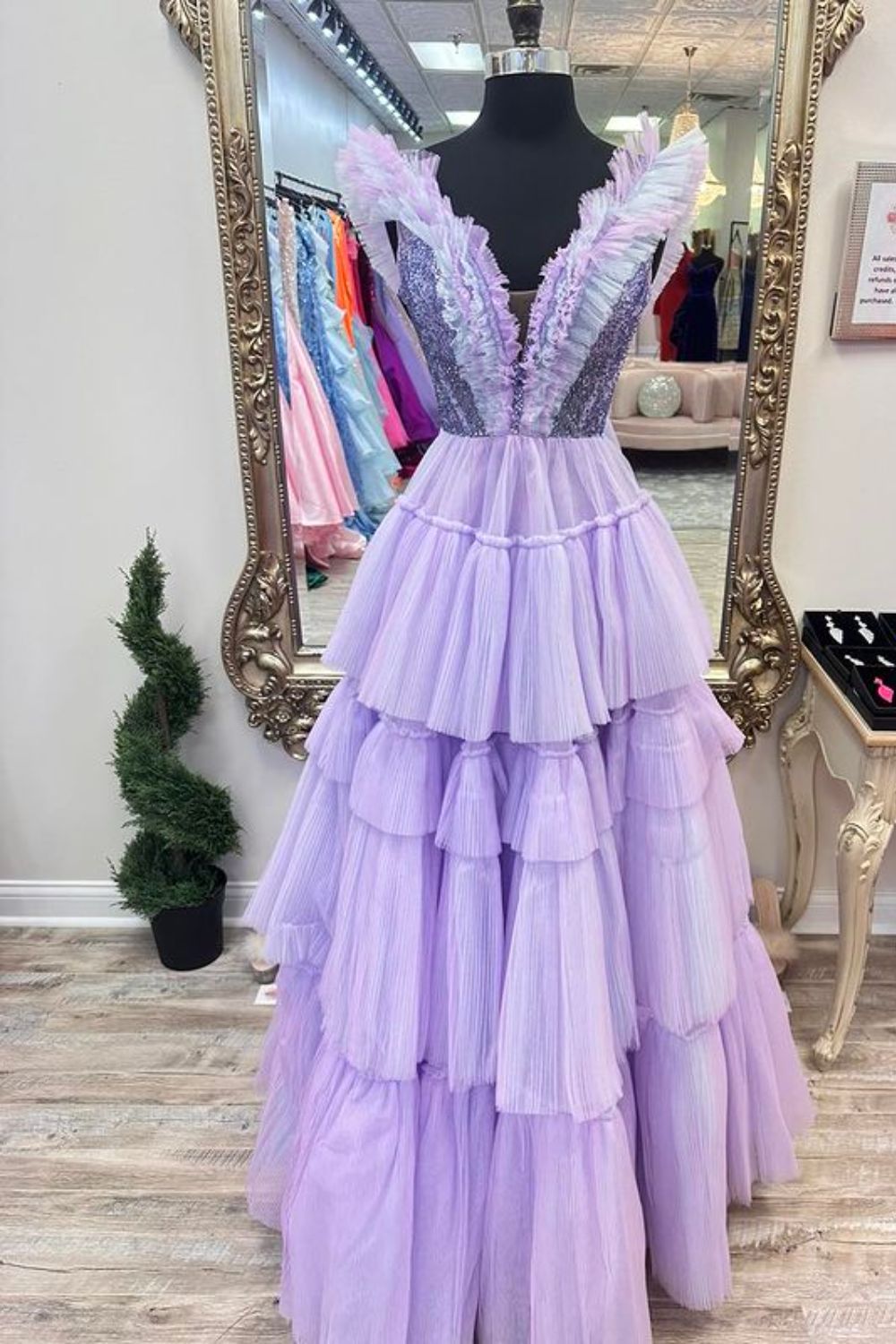 Dressime Princess A Line V neck Tiered Long Prom Dresses Ruffles dressime