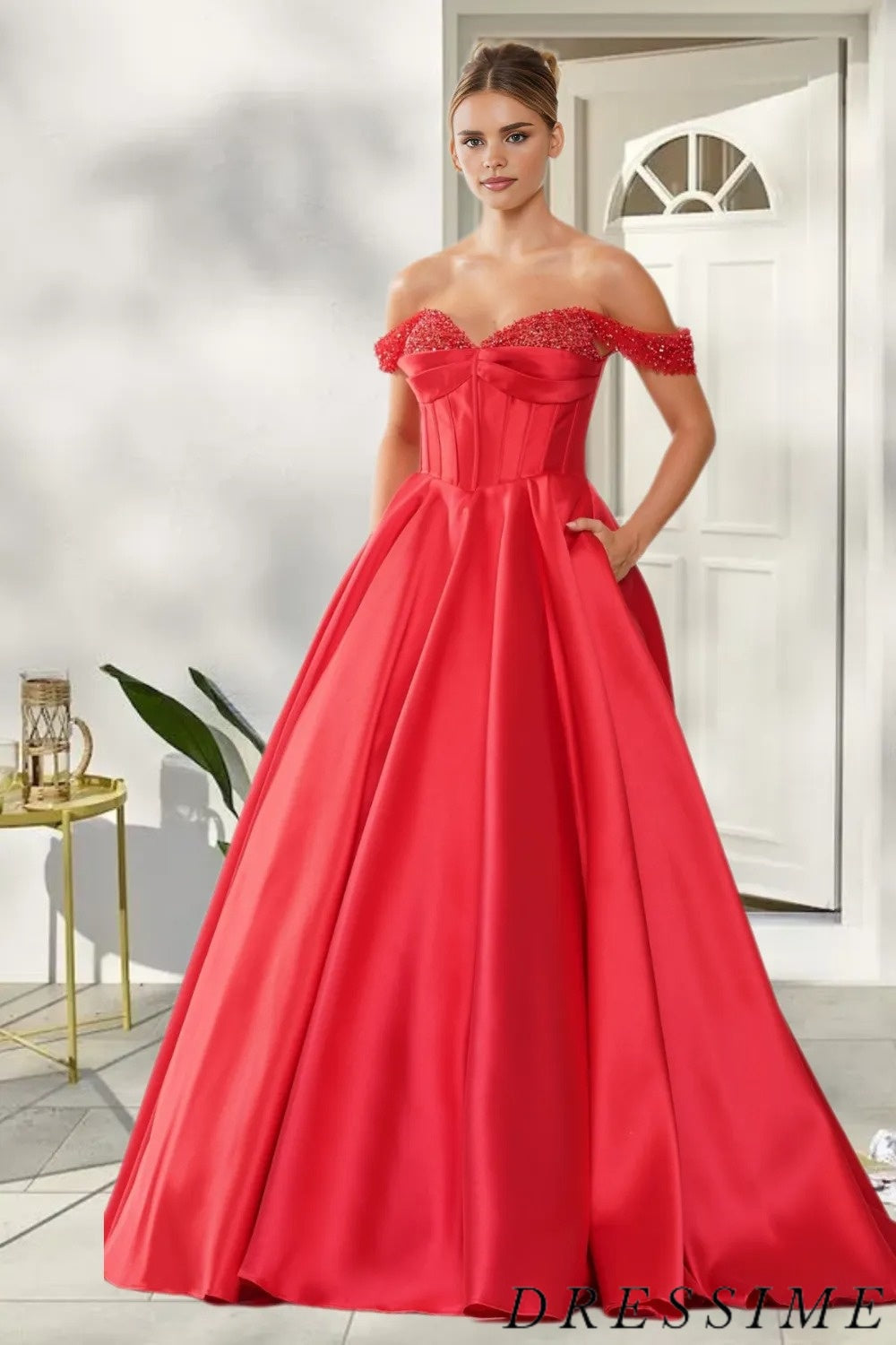 Dressime Princess Satin Off-the-Shoulder A Line Prom Dress dressime