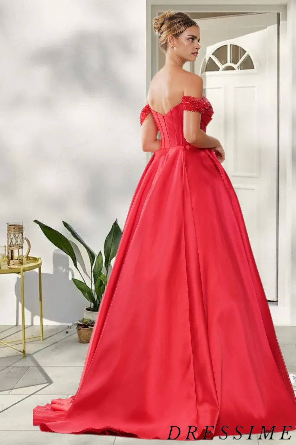 Dressime Princess Satin Off-the-Shoulder A Line Prom Dress dressime