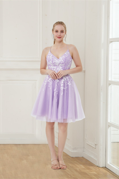 dressimeProm/Homecoming Dress Spaghetti Straps Tulle A Line With Applique 