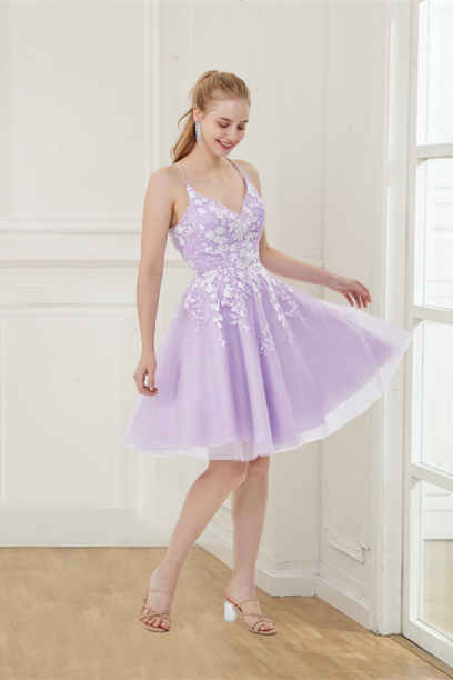 dressimeProm/Homecoming Dress Spaghetti Straps Tulle A Line With Applique 