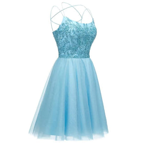 dressimePuffy A Line Tulle Spaghetti Straps Beading Homecoming Dresses Short Cocktail Dress for Teens 