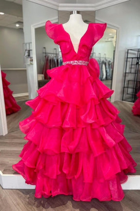 Dressime Ruffle Multi-Tiered A-Line V Neck Long Prom Dress dressime