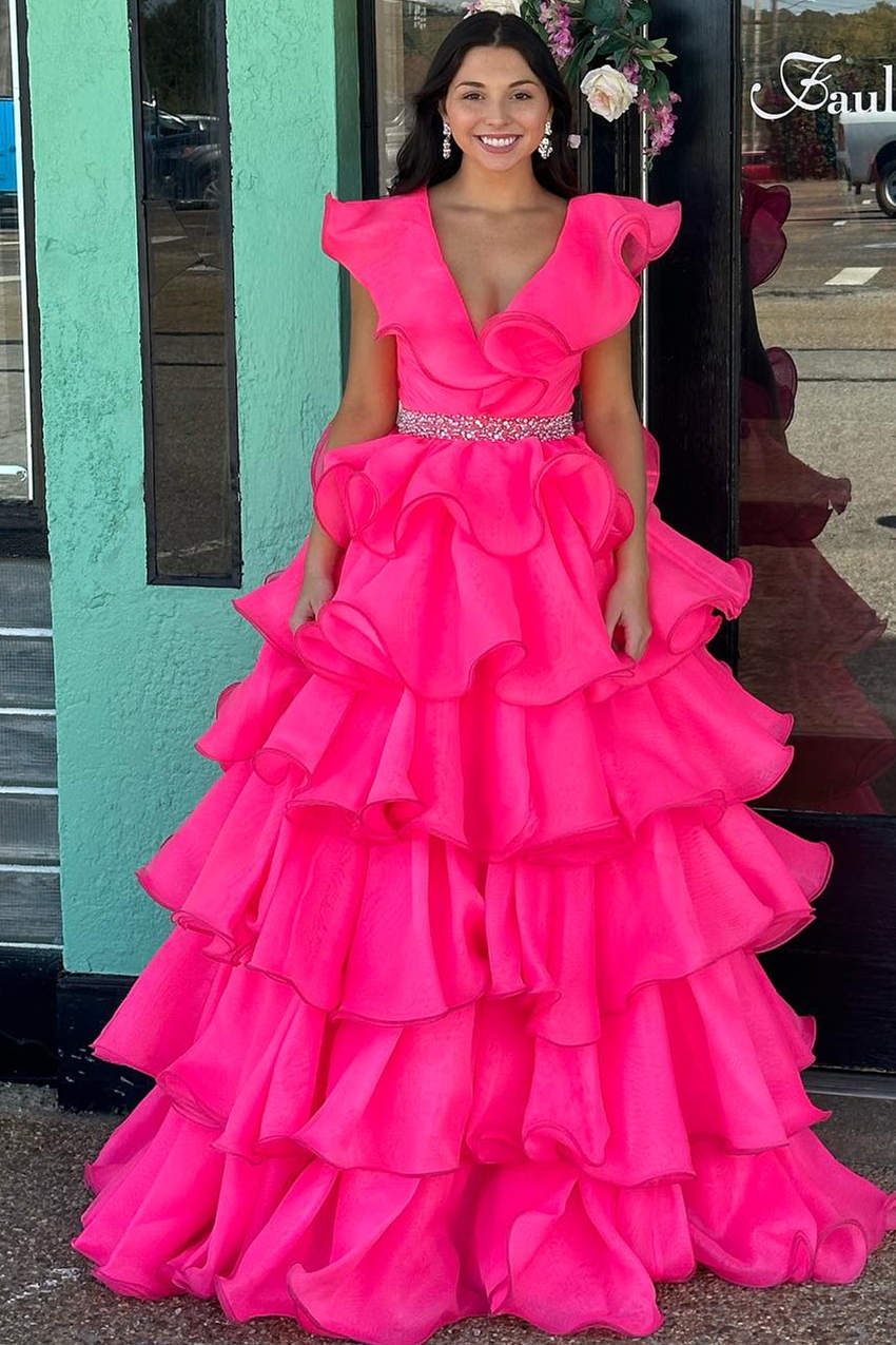 Dressime Ruffle Multi-Tiered A-Line V Neck Long Prom Dress dressime