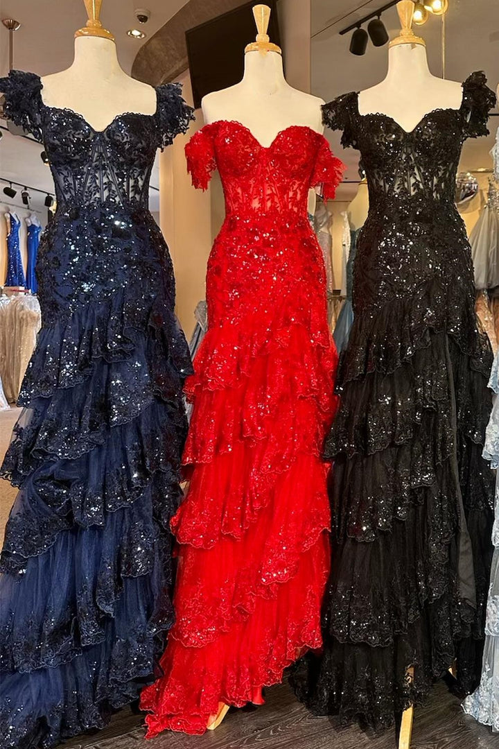 dressimeSequin-Embroidery Off-the-Shoulder Tiered Long Prom Dresses 