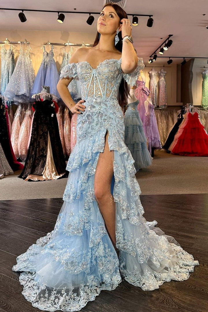 dressimeSequin-Embroidery Off-the-Shoulder Tiered Long Prom Dresses 