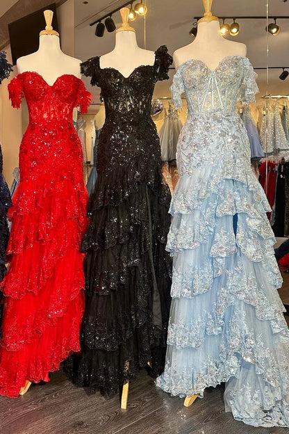 dressimeSequin-Embroidery Off-the-Shoulder Tiered Long Prom Dresses 