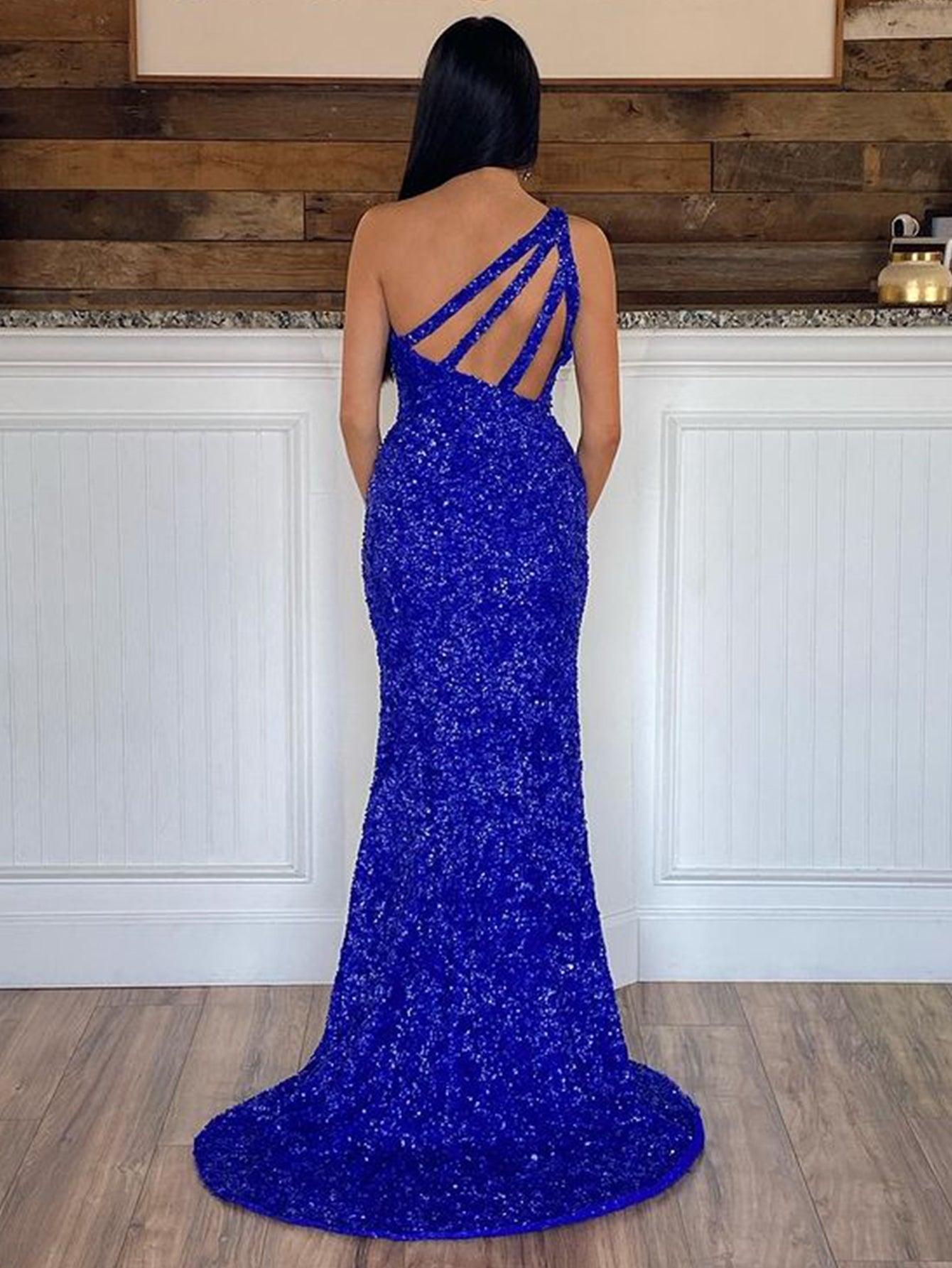 dressimeSequin Prom Dresses Sheath/Mermaid One Shoulder Floor Length With Slit 