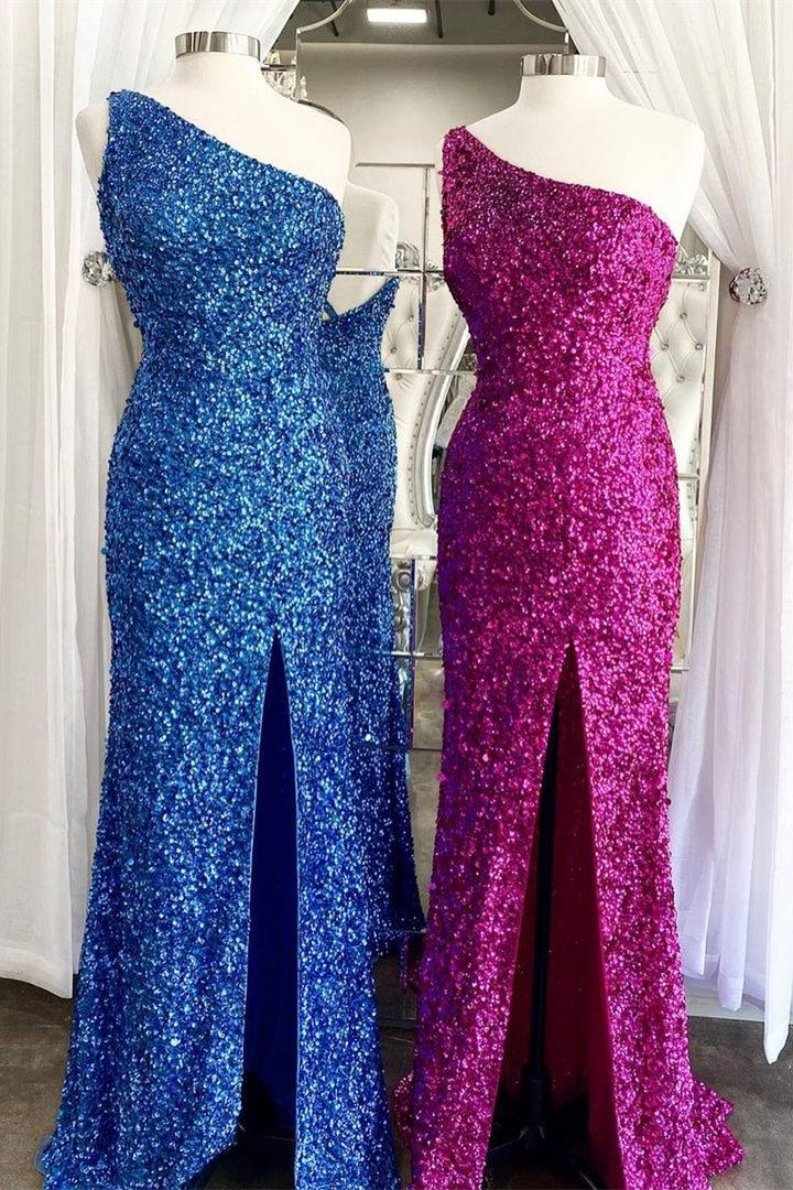 dressimeSequin Prom Dresses Sheath/Mermaid One Shoulder Floor Length With Slit 